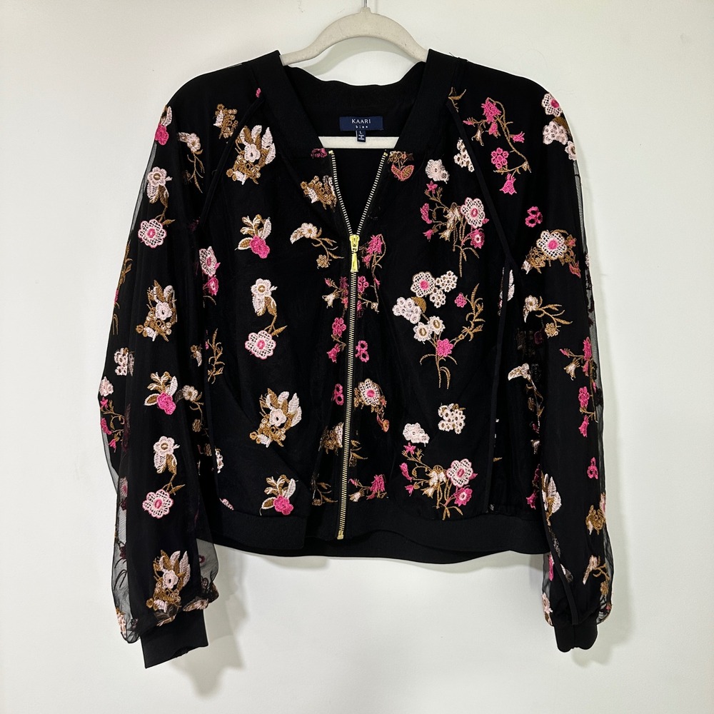 Kaari Blue Bomber Jacket Womens Large Black Sheer Floral Embroidered Mesh Zip Up